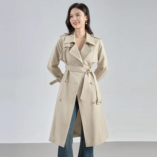 Lady Vintage British Style Office Wear Notched Long Sleeve Double-breasted Women Solid Windbreaket Midi Coat With Belt