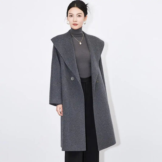 Lady Vintage High Quality Wool Office Casual Overcoat Wide Turn-down Colalr Long Sleeve Two Buttons Witner Coat For Women