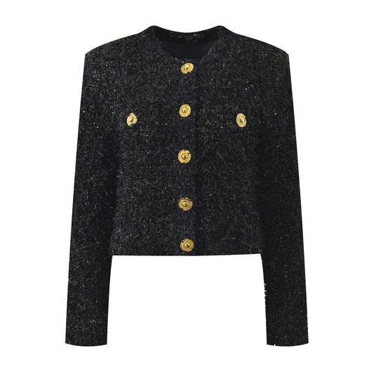 Luxury Style Lady Vintage Office Casual Wool Blends Jacket O-neck Long Sleeve Single-breasted Shiner Tweed Coat For Women