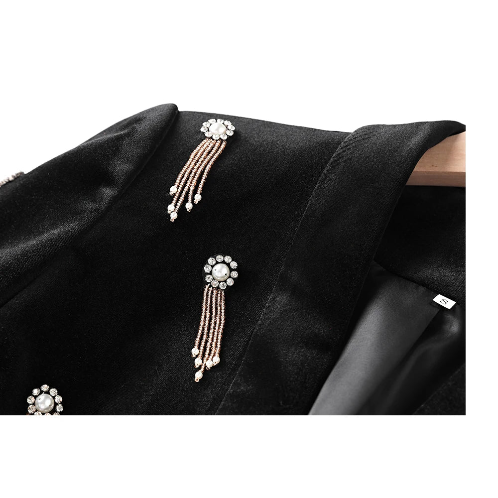 New Fall Winter Luxury Black Velvet Fabric Quality Diamonds Beads Women 2PCs Blazer Suits High Street Twin Sets