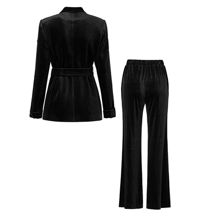 New Fall Winter Luxury Black Velvet Fabric Quality Diamonds Beads Women 2PCs Blazer Suits High Street Twin Sets