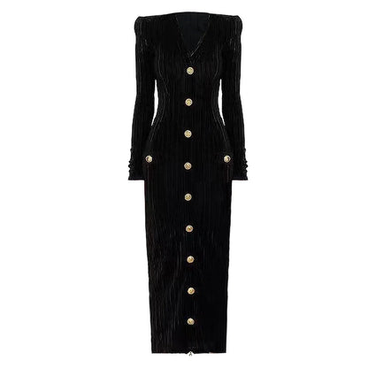 New Fashion Temperament Socialite Style Velvet Long Sleeve Slim V-neck Button Dress Back Zipper Skirt