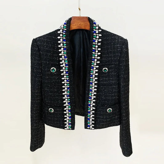 New Winter Thicker Tweed Fabric Exquisite Shiny Diamonds Rhinestone Women Black Jacket for Ladies Luxury Coat