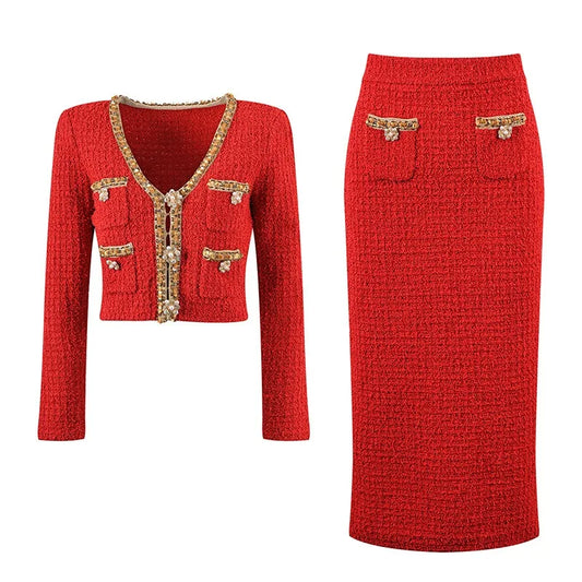 New Year Charming Red Tweed Women 2Pcs Skirt Sets V-neck Short Sequined Tops Slim Luxury Lady Suits