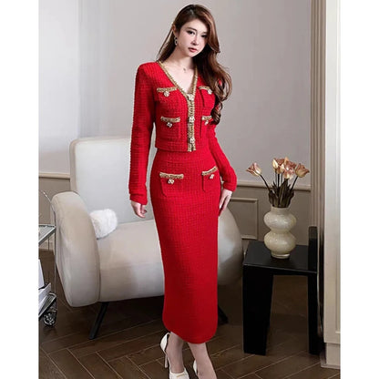 New Year Charming Red Tweed Women 2Pcs Skirt Sets V-neck Short Sequined Tops Slim Luxury Lady Suits