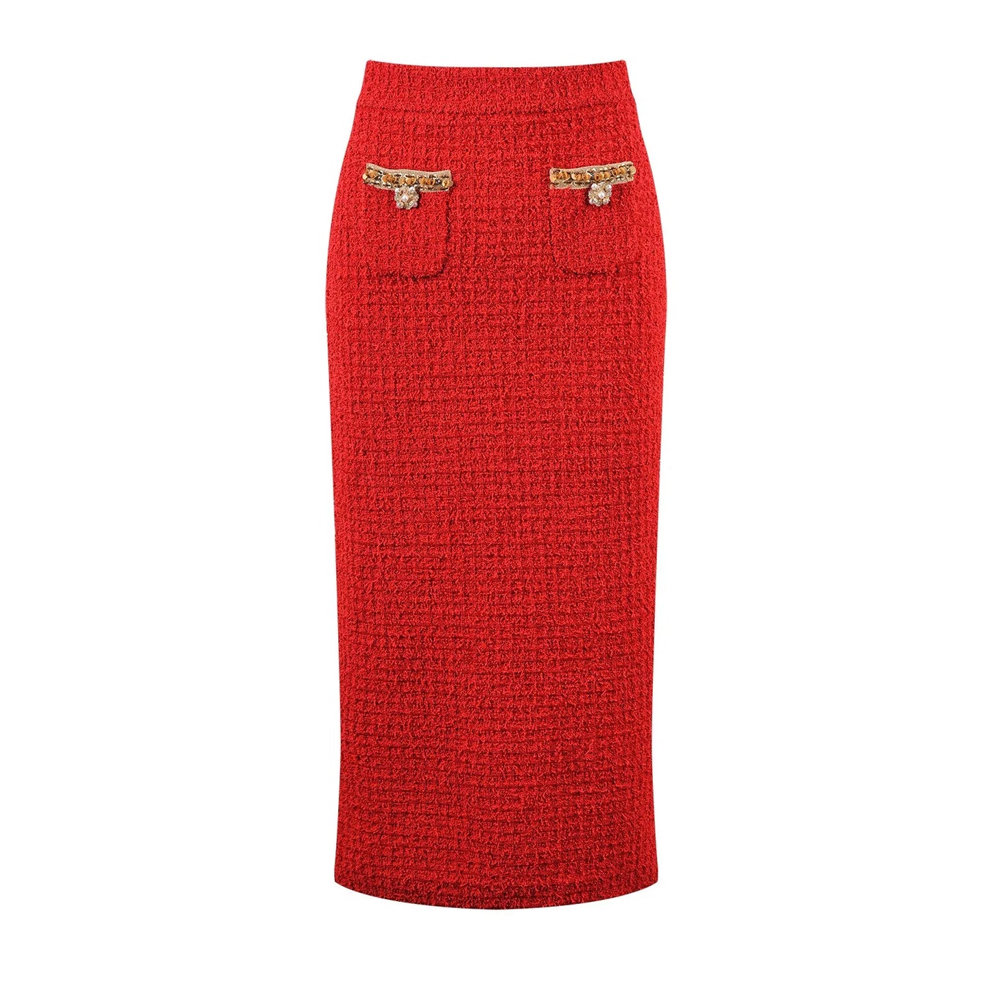 New Year Charming Red Tweed Women 2Pcs Skirt Sets V-neck Short Sequined Tops Slim Luxury Lady Suits