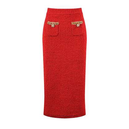 New Year Charming Red Tweed Women 2Pcs Skirt Sets V-neck Short Sequined Tops Slim Luxury Lady Suits