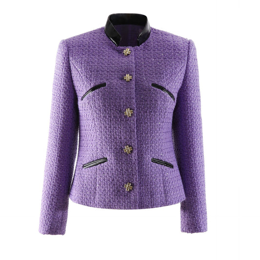 Designed Classical Tweed Coat Women Fashion PU Splice Single Breasted Wool Blends Elegant Short Outerwear Jacket