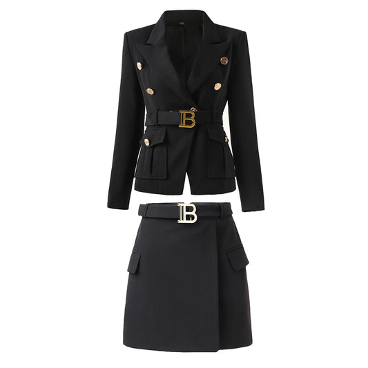 Office Lady Luxury Design Work Women Business Blazer Suit with Belt Solid White/Black Slim 2 Pieces Skirt Formal Sets