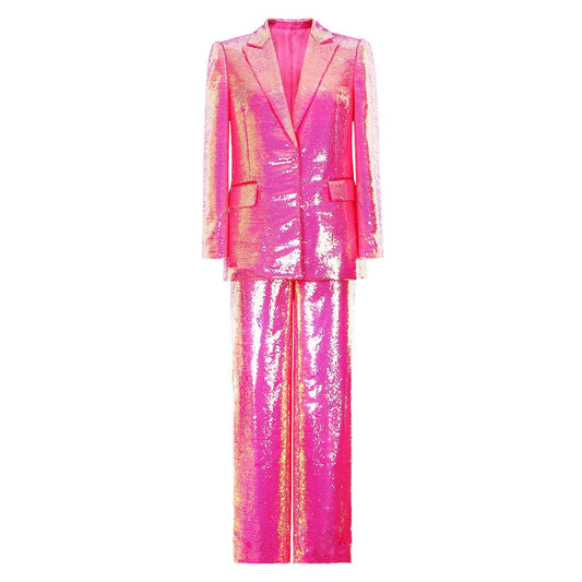 Party Queen Women Shining 2PCS Suits Sequins Blazer Hot Pink Long Wide-leg Pants Two-Pieces Lady Sets Luxury Designing