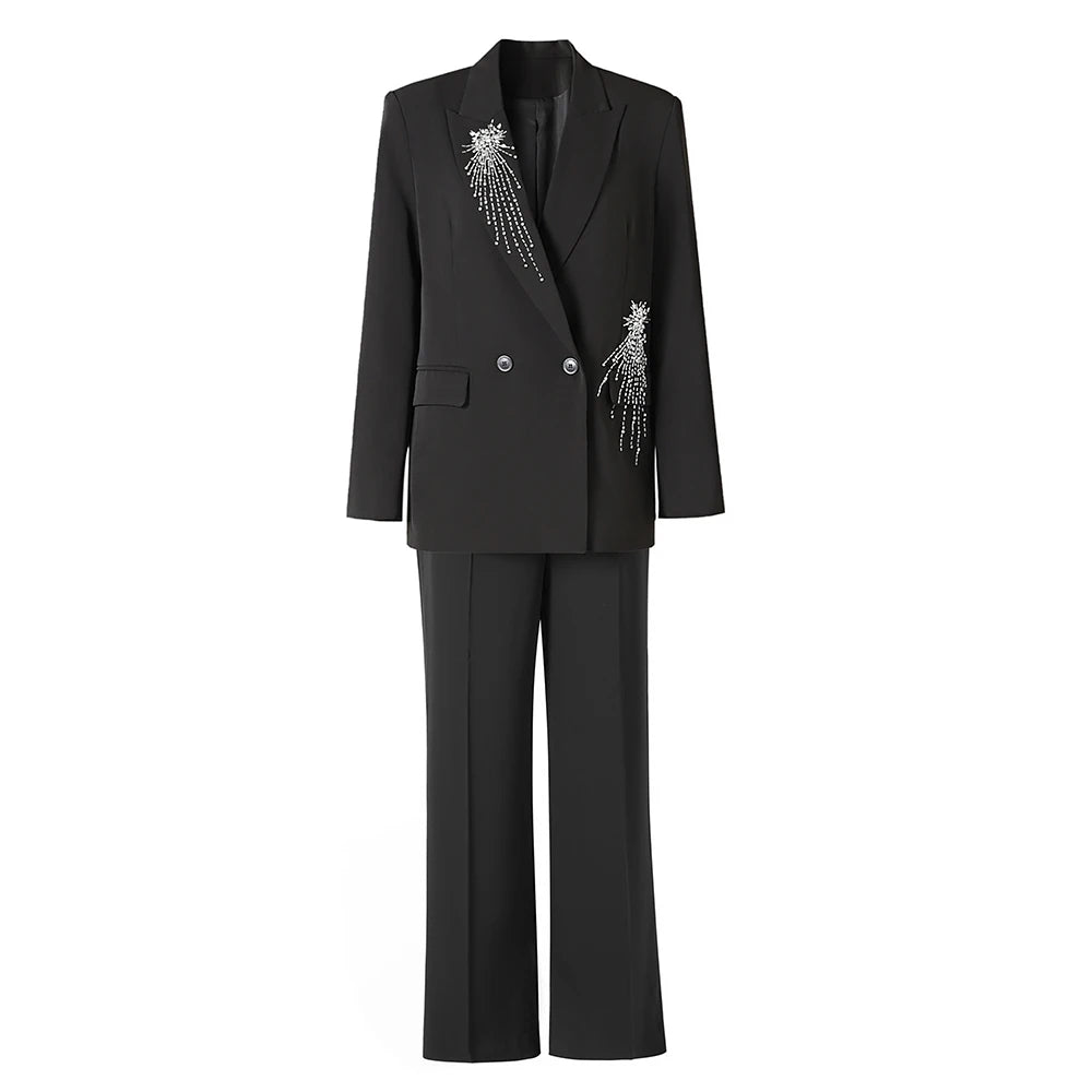 Runway Design European White Diamonds Beadings Black 2PCS Blazer Suits Luxury Street Two Pieces Pants Sets