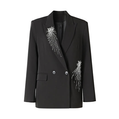 Runway Design European White Diamonds Beadings Black 2PCS Blazer Suits Luxury Street Two Pieces Pants Sets