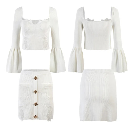 Y2K Stylish Short Length Flare Sleeve Embrodiery Knitted Top Mini Sheath Skirt Solid White Two Pieces Sets