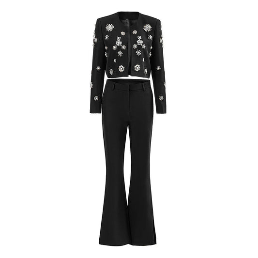 Luxurious Design Sparkle Rhinestones Women Street Black 2PCS Pants Suits Open Short Jacket Wide-leg Trousers Quality Twin Sets