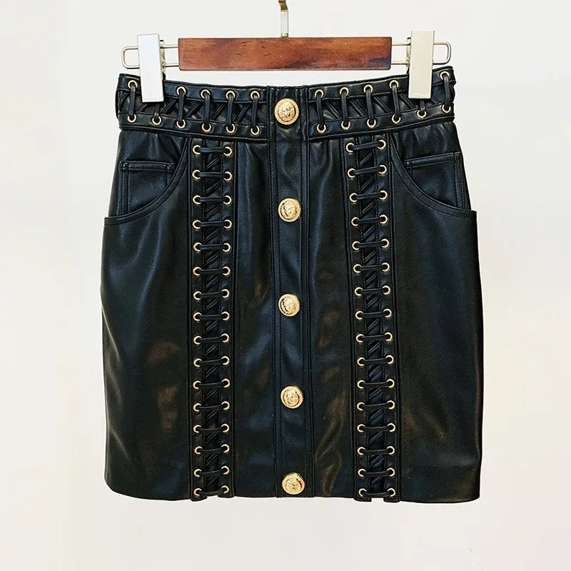 2024 New Spring High Quality Lace-up PU Leather Street Fashion Women Skirt Luxury Design Slim All-matched Saia