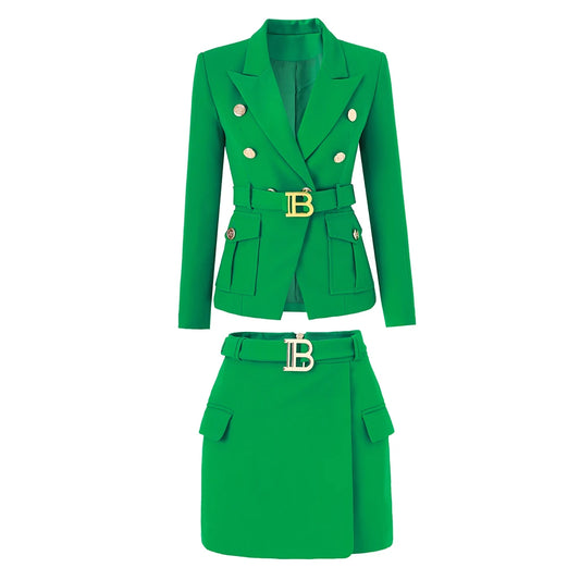 Popular Summer High Street European Style Fresh Green Blazer Skirt Sets Pocket Notached Slim 2PCS Women Quality Suits