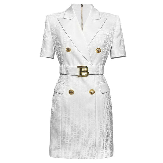 Very Smooth Summer Thin Fabric Short Sleeve Geometrical Pattern Quality Slim Belt Blazer Dress High Street