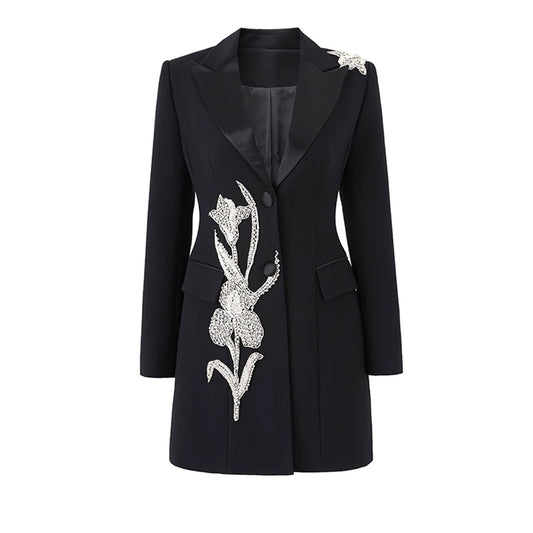 Wow So Elegant Design Party Evening Style 3D Flower Stones Beadeds Notched Women Luxury Black Blazer Dress with Shoulder Pads