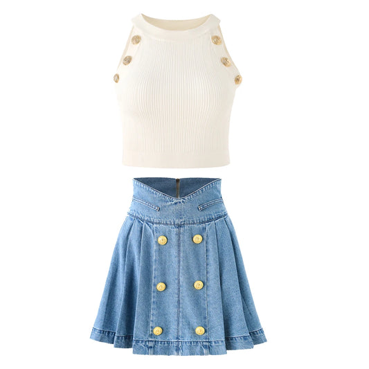 Y2K Style Hot Summer Popular Street Knitted Sleeveless Tank Vest Tops Mini Pleated Denim Skirt 2Pcs Short Sets for Women