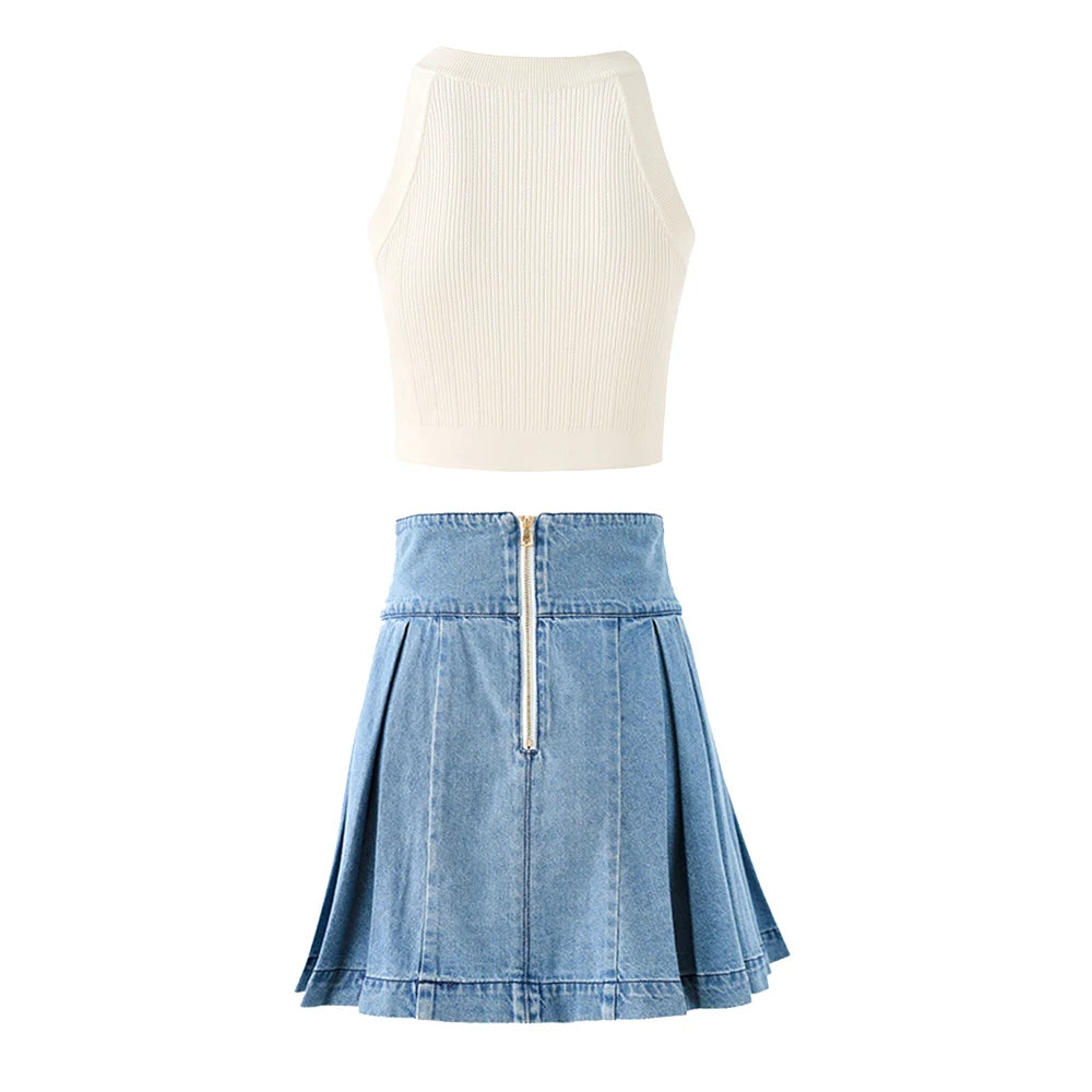 Y2K Style Hot Summer Popular Street Knitted Sleeveless Tank Vest Tops Mini Pleated Denim Skirt 2Pcs Short Sets for Women